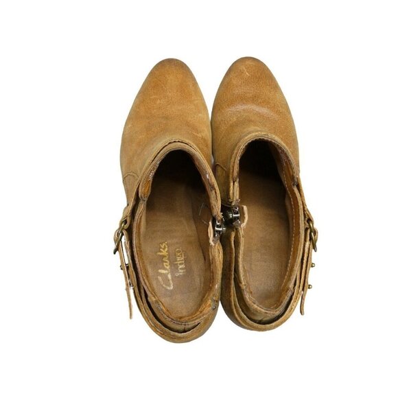 Clarks Boots Sz 7.5 Ankle Western Harness Booties Heels Brown Leather Spye Belle - Picture 6 of 10